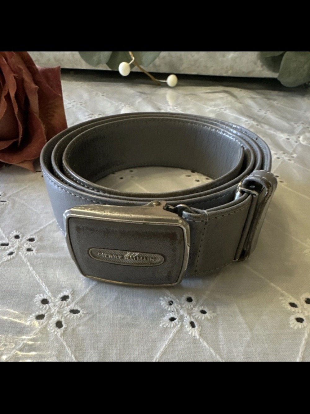 Pierre Balmain Gray Leather Belt with Brushed Silver Buckle-Great for a project